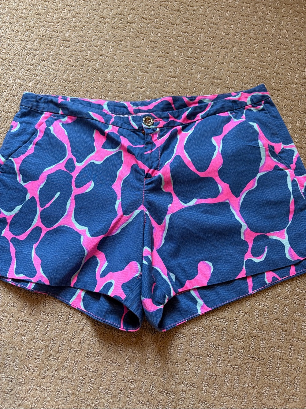 Lilly Pulitzer Navy Shorts with Bright Pink Abstract Print